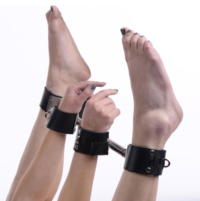 Black Strict Leather Adjustable Spreader Bar With Leather Cuffs - Image 6