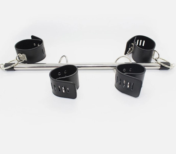 Black Strict Leather Adjustable Spreader Bar With Leather Cuffs - Image 5