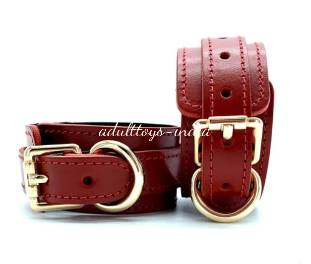 Hand Made 7 Piece Bondage Set Leather BDSM Restraints for Submissive-Tango Red - Image 3