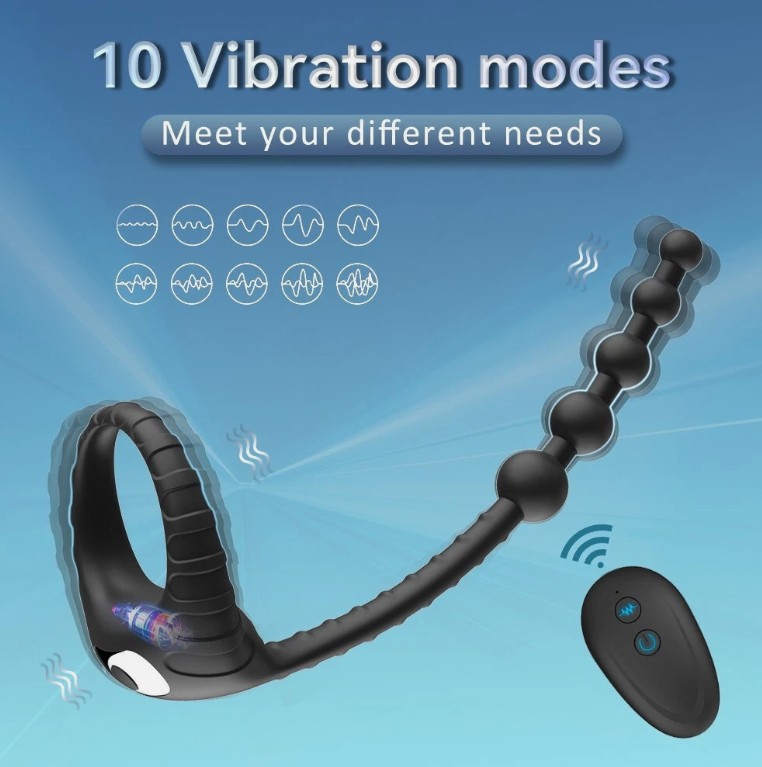 Premium Vibrating Ring Prostate Massager 10 Frequencies Wireless Remote Locking Black Anal Bead Design - Image 2