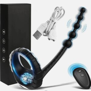 Premium Vibrating Ring Prostate Massager 10 Frequencies Wireless Remote Locking Black Anal Bead Design