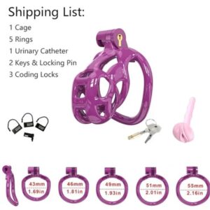 Purple Cobra Nano 3D Printed Bondage Chastity Device With Urethral Catheter with 5 Sizes Breathable Rings