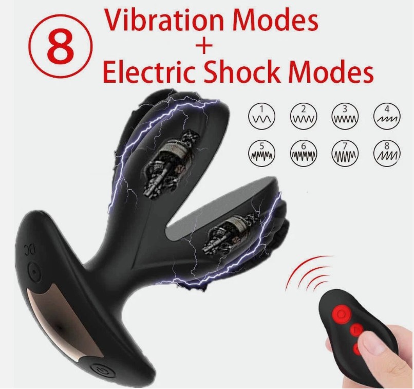 Electric Shock Two Flaps Vibrating Anal Plug Prostate Massager Sex Toys Black - Image 2