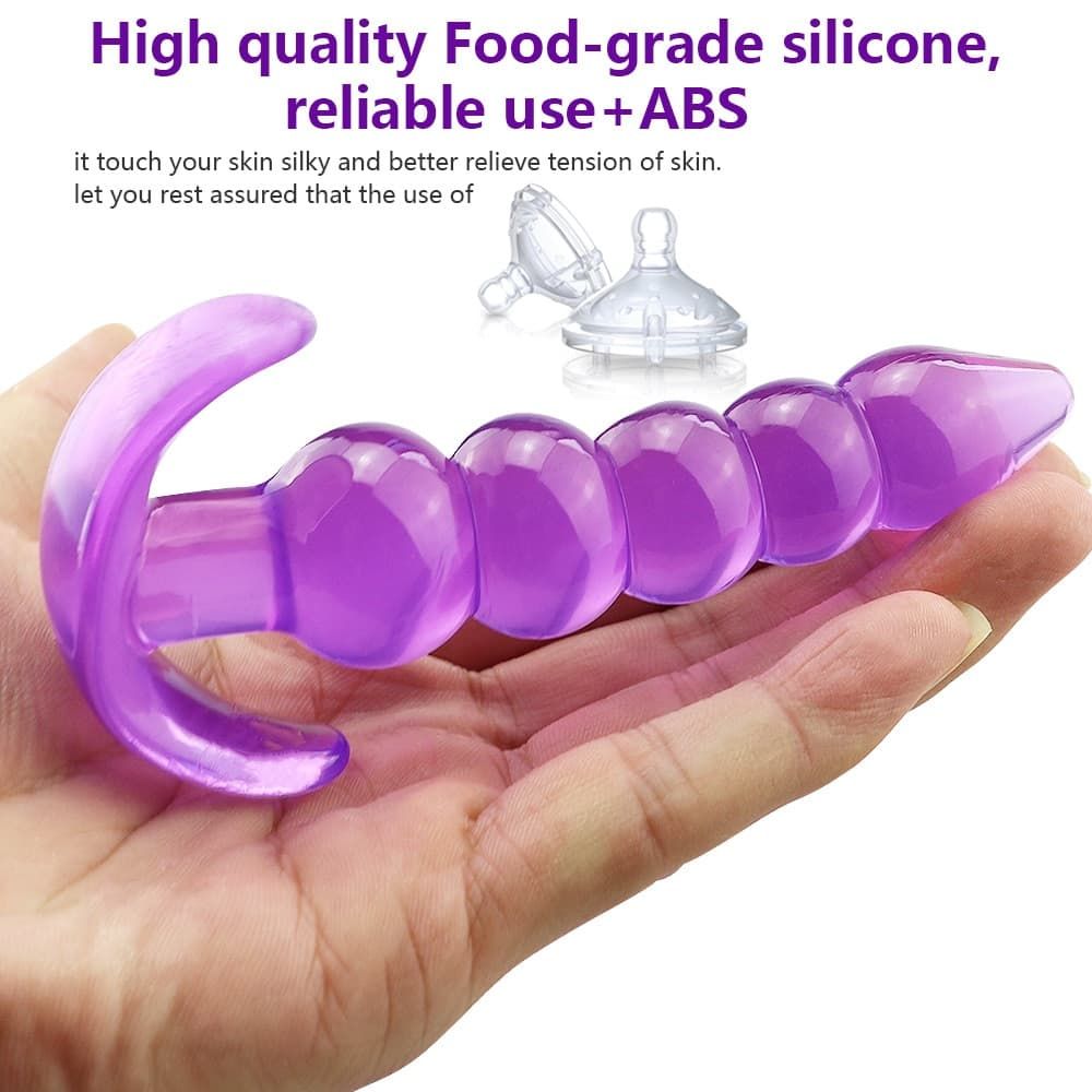 Soft Silicone 5 Beaded Jelly Anal Plug Butt Plug | Purple - Image 3