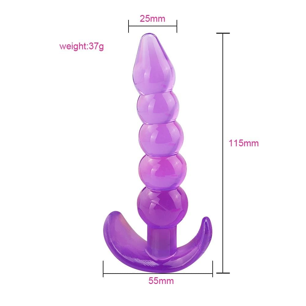 Soft Silicone 5 Beaded Jelly Anal Plug Butt Plug | Purple - Image 6