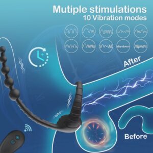 Premium Vibrating Ring Prostate Massager 10 Frequencies Wireless Remote Locking Black Anal Bead Design