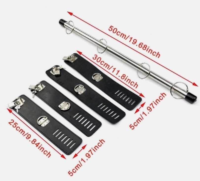 Black Strict Leather Adjustable Spreader Bar With Leather Cuffs - Image 4