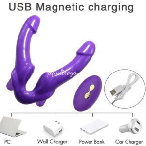 1st time India Strapless Strap On Double Ended Double Penetration Purple Dildo Lesbian Anal G-spot Vibrator