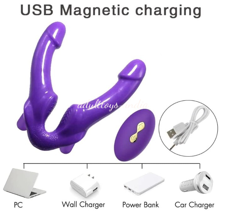 1st time India Strapless Strap On Double Ended Double Penetration Purple Dildo Lesbian Anal G-spot Vibrator - Image 6