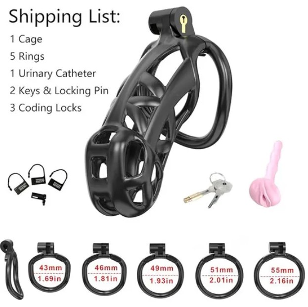 Maxi Black King Cobra 3D Printed Bondage Chastity Kit With Urethral 5 Sizes Breathable Rings - Image 2