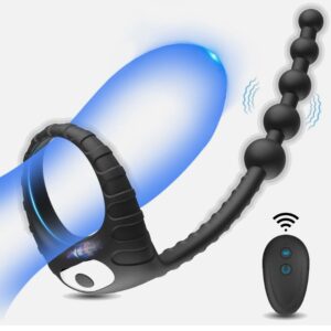Premium Vibrating Ring Prostate Massager 10 Frequencies Wireless Remote Locking Black Anal Bead Design
